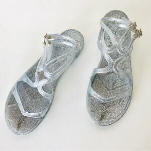 NEW JIMMY CHOO Lance Jelly Gladiator Silver Sparkle Double Strap Sandals 40 10
